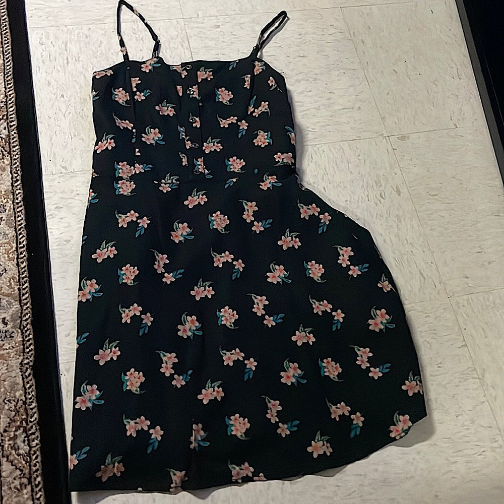 Mini dress size M black with pink flowers and green leaves